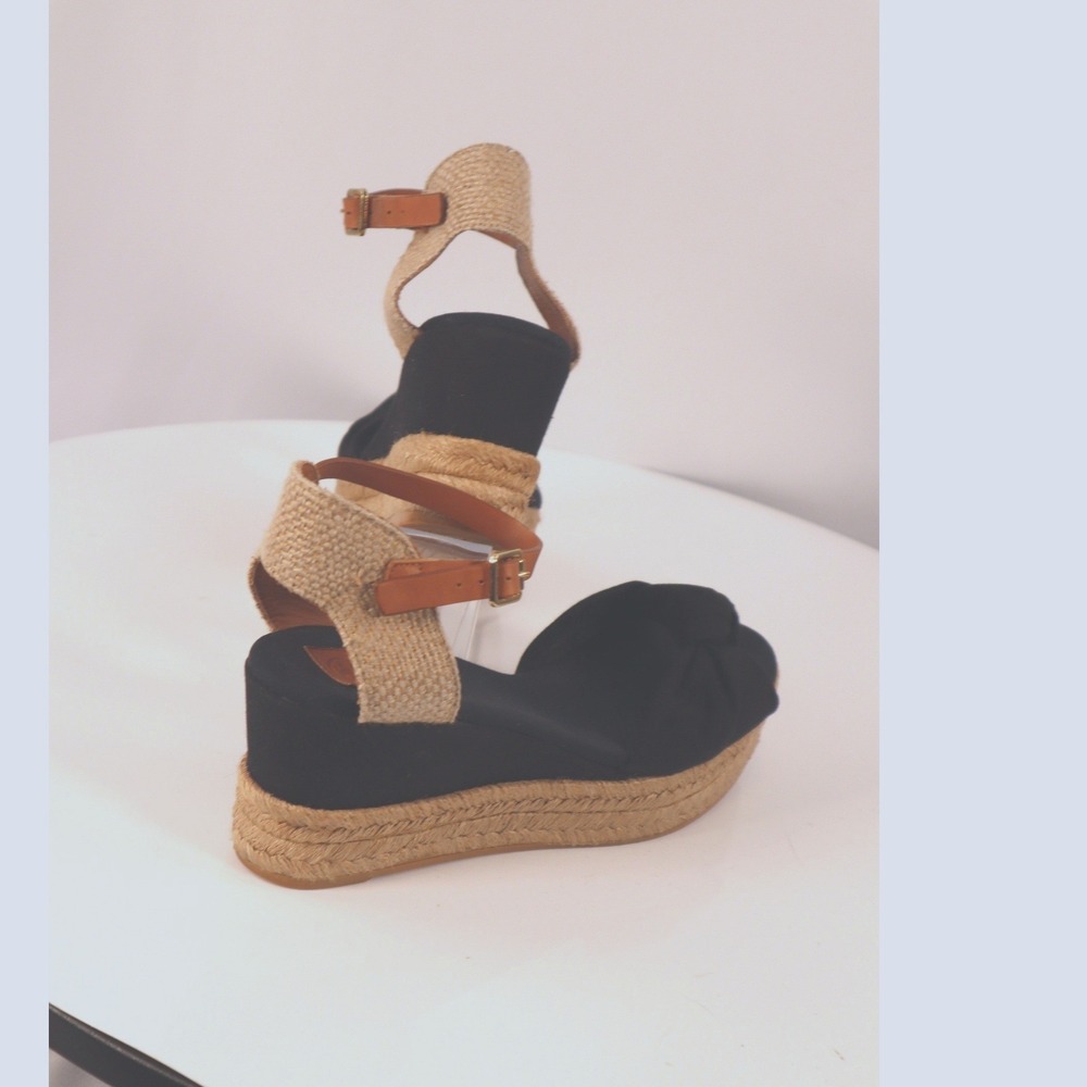 Tory Burch Knotted Bow Espadrille Wedge Sandals Black/Tan Leather Strap Size 10 - Picture 9 of 10